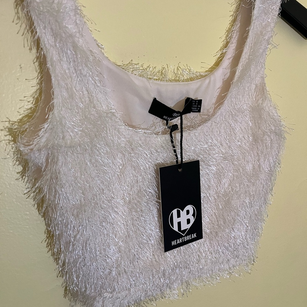 Heart Break White Fuzzy Crop Top Size Small NWT